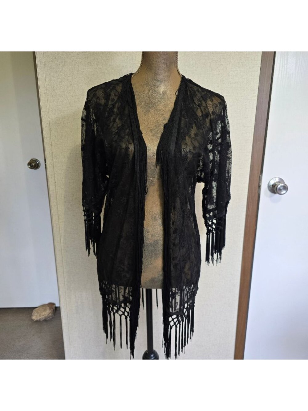 Monteau Small Sheer Black Lace Kimono Fringed Open Front Cardigan Whimsigoth